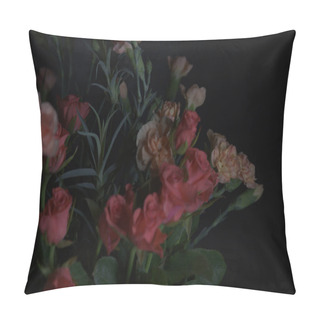 Personality  Bouquet Of Red Tiny Roses And Orange Carnations On A Black Background Pillow Covers