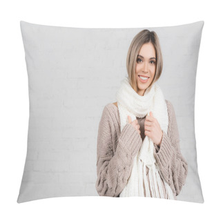 Personality  Smiling Woman In Knitted Sweater And Scarf Looking At Camera On White Background Pillow Covers