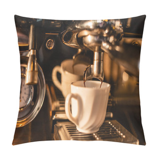 Personality  Close Up View Of Coffee Pouring In White Cup From Coffee Machine With Sunlight In Cafe Pillow Covers