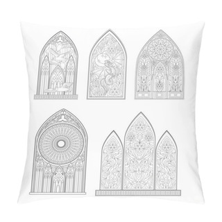 Personality  Set Of Beautiful Medieval Stained Glass Windows From French Churches. Black And White Drawing For Coloring Book. Gothic Architectural Style In Western Europe. Educational Page. Vector Image. Pillow Covers