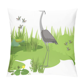 Personality   Grey Heron (Ardea Cinerea), Flying Mosquitoes And Abstract Marsh Landscape With Green Plants Pillow Covers