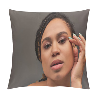 Personality  Young Attractive African American Woman In Beige Pastel Underwear Posing Seriously, Fashion Concept Pillow Covers