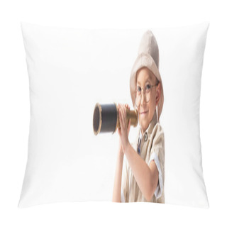 Personality  Panoramic Shot Of Smiling Explorer Boy In Hat And Glasses Holding Spyglass Isolated On White Pillow Covers