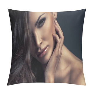 Personality  Portrait Of Perfect Makeup. Beautiful Sexy Woman With Long Hair Pillow Covers