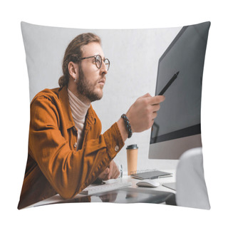 Personality  Selective Focus Of 3d Artist Pointing With Stylus On Computer Monitor At Table In Office  Pillow Covers
