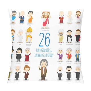 Personality  Kids Vector Characters Collection: Set Of 26 Great Philosophers And Thinkers Of History In Cartoon Style. Pillow Covers