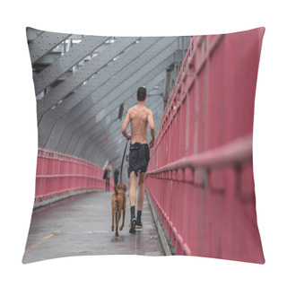 Personality  Unrecognizable Topless Recreational Runner And A Dog At Williamsburg Bridgein New York CIty, USA. Pillow Covers