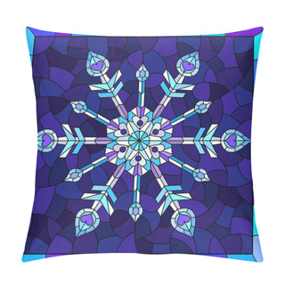 Personality  Illustration In Stained Glass Style With An Openwork Snowflake On A Blue Background, Square Image In A Bright Frame Pillow Covers