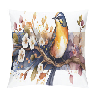 Personality  Spring Background With A Blooming Cherry Tree Branch With A Bird Sitting On It. Background. Sun Illuminates The White Sakura Cherry Blossoms. Japanese Motif Painted With Watercolor. Generative AI.  Pillow Covers