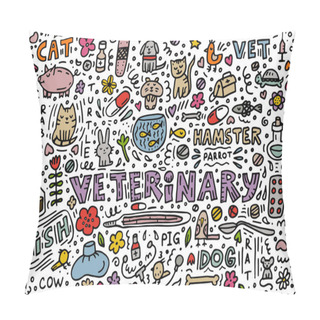 Personality  Seamless Pattern Doodle About Veterinary. Cat, Dog, Hamster, Parrot, Rabbit, Pig, Cow, Hare, Fish, Medications, Phonendoscope, Syringes, Thermometer, Mouse, Rat, Turtle, Plaster, Aquarium Pillow Covers