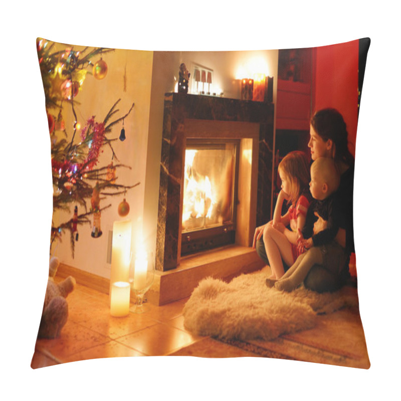 Personality  Young Mother And Her Daughters By A Fireplace Pillow Covers