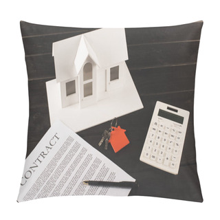 Personality  House Buying Concept With Contract, Keys, Calculator And Maquette Over Wooden Table Pillow Covers