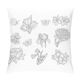Personality  Spring Flowers And Butterflies Isolated Hand Drawn Realistic Sketches Pillow Covers