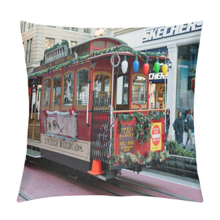 Personality  San Francisco, United States - Cable Car Tram Powell-Hyde (manually Operated Cable Car System) Is Famous Tourist Attraction, Christmas Decoration, December 7, 2017. Pillow Covers