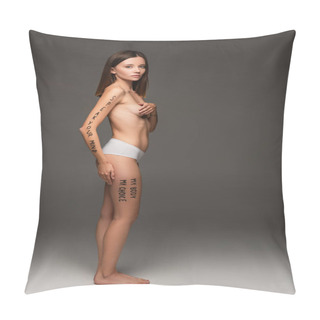 Personality  Full Length View Of Woman In Panties, With Slogans Written On Body Isolated On Dark Grey Pillow Covers