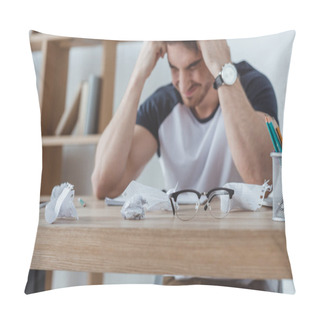 Personality  Depressed Student Studying At Table With Crumpled Papers And Eyeglasses Pillow Covers