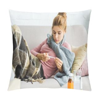 Personality  Attractive And Ill Woman With Grey Scarf Looking At Thermometer  Pillow Covers