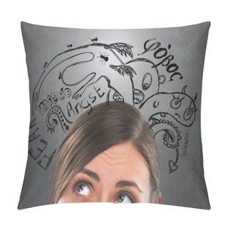 Personality  Young Business Woman Thinking Of Her Fearsand Doubts Closeup Face Portrait And Sketches Overhead Pillow Covers