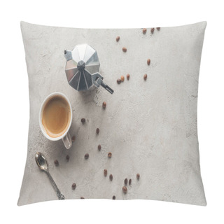 Personality  Top View Of Cup Of Coffee And Moka Pot On Concrete Surface With Spilled Coffee Beans Pillow Covers