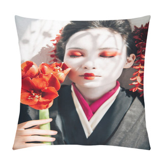 Personality  Portrait Of Beautiful Geisha Holding Red Flowers In Sunlight Pillow Covers