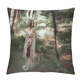 Personality  Mystic Elf In Elegant Dress Holding Violin In Beautiful Forest Pillow Covers