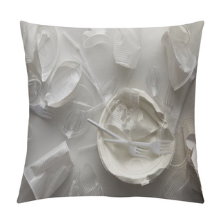 Personality  Top View Of Crumpled Disposable Plates, Plastic Cups, Forks And Spoons On White Background  Pillow Covers