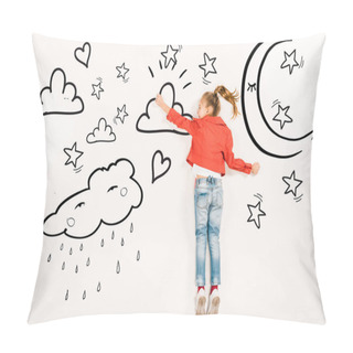 Personality  Top View Of Cheerful Kid Flying Near Moon And Stars On White  Pillow Covers