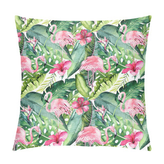 Personality  Tropical Seamless Floral Summer Pattern Background With Tropical Palm Leaves, Pink Flamingo Bird, Exotic Hibiscus. Perfect For Wallpapers, Textile Design, Fabric Print. Pillow Covers