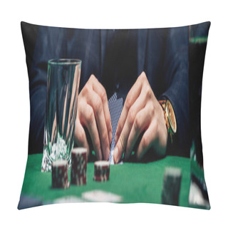 Personality  KYIV, UKRAINE - AUGUST 20, 2019: Panoramic Shot Of Man Holding Playing Cards Near Glass And Poker Cards  Pillow Covers