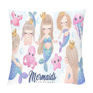 Personality  Cute Doodle Mermaid And Friends With Watercolor Illustration Set Pillow Covers