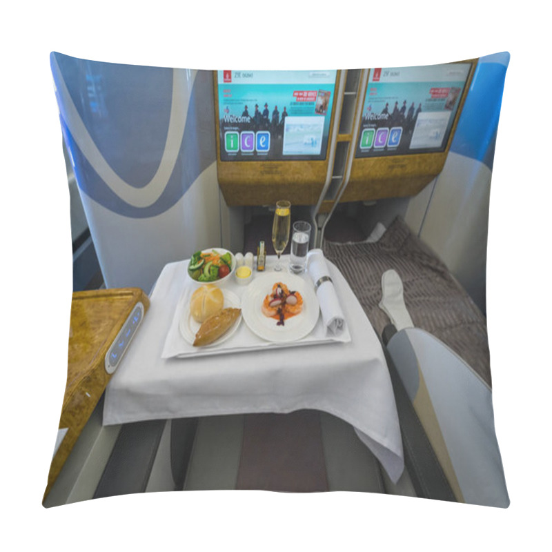 Personality  BERLIN - APRIL 26, 2018: Passenger's Menu Of Business Class Of The World's Largest Aircraft Airbus A380. Emirates Airline. Exhibition ILA Berlin Air Show 2018 Pillow Covers