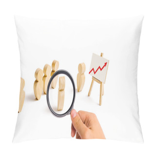 Personality  Magnifying Glass Is Looking At The Wooden Figures Of People Stand In The Formation And Listen To Their Leader. Business Training, Briefing And Inspirational Speech. Employee Reports. Selective Focus Pillow Covers
