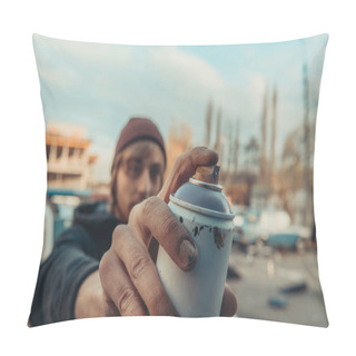 Personality  Selective Focus Of Street Artist Painting Colorful Graffiti  Pillow Covers