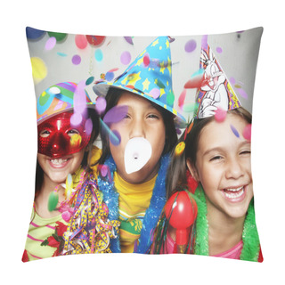 Personality  Three Funny Carnival Kids Portrait Enjoying Together. Pillow Covers