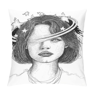 Personality  Drawing Of A Woman On A Celestial Theme With Stars. Woman Portrait Illustration. Pillow Covers