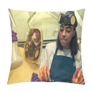 Personality  Woman Dividing Drugs In Laboratory Pillow Covers
