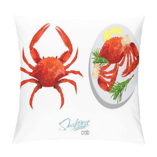 Personality  Crab Isolated On White Background. Meat Crab With Rosemary And Lemon On The Plate.Vector Illustrationin Cartoon Style. Seafood Product Design. Edible Sea Food. Vector Illustration Pillow Covers