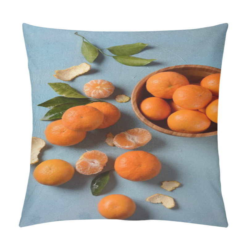 Personality  Fresh mandarin fruit  with leaves from the orchard. Home gardening. Organic mandarin whole and slices. Orange color. pillow covers