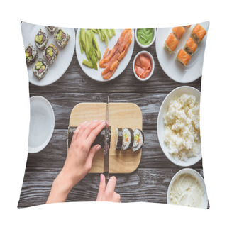 Personality  Partial Top View Of Person Cutting Delicious Sushi Roll With Knife Pillow Covers