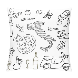 Personality  Italy Doodles Elements. Hand Drawn Set With Pizza Scooter, Wine, Cheese And Map. Drawing Doodle Collection,  Isolated On White Background Pillow Covers