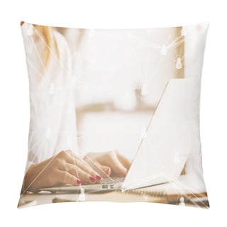 Personality  Side View Of Woman At Workplace Using Laptop With Abstract Connected Staff Icons. HR Manager Concept Pillow Covers