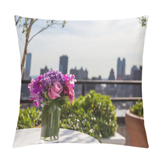 Personality  Floral Arangement With Roses, Hydrangea, Orchids With City Background Pillow Covers
