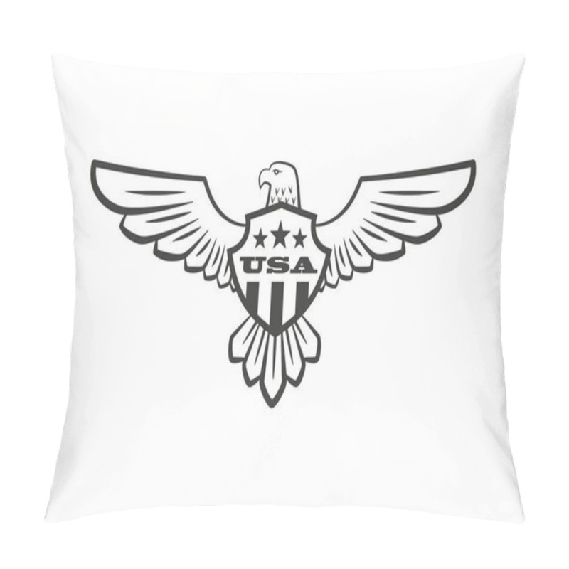 Personality  Black and white illustration of an eagle with spread wings and a shield, stars and text. Vector illustration on the theme of American symbolism of freedom and democracy pillow covers