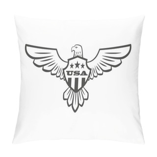Personality  Black And White Illustration Of An Eagle With Spread Wings And A Shield, Stars And Text. Vector Illustration On The Theme Of American Symbolism Of Freedom And Democracy Pillow Covers