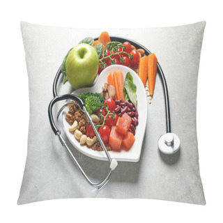 Personality  Plate Of Products For Heart-healthy Diet And Stethoscope On Grey Table Pillow Covers