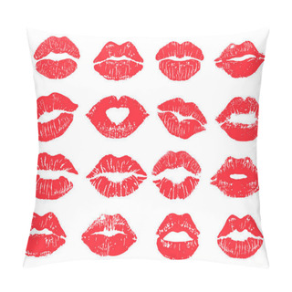 Personality  Beautiful Red Lip Imprint Set. Isolated On White. Women S Lips Lipstick Kiss Print Set For Valentine Day And Love Illustration Pillow Covers