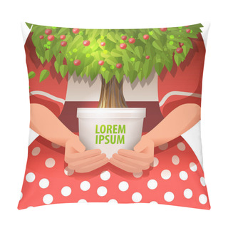 Personality  Woman Hands Holding A Plant Pot With A Small Green Tree Pillow Covers