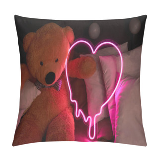Personality  Brown Teddy Bear Lies In Pillows And Holds A Neon Pink Heart. Valentine's Day 14 February, Gift Romantic Background. Declaration Of Love, Congratulations On The Holiday Or Anniversary.  Pillow Covers