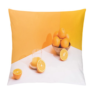 Personality  Fresh Orange Juice In Glass Near Ripe Oranges In Bowl On White Surface On Orange Background Pillow Covers