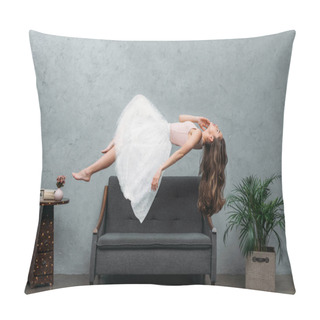 Personality  Beautiful Young Barefoot Woman Levitating Above Couch  Pillow Covers